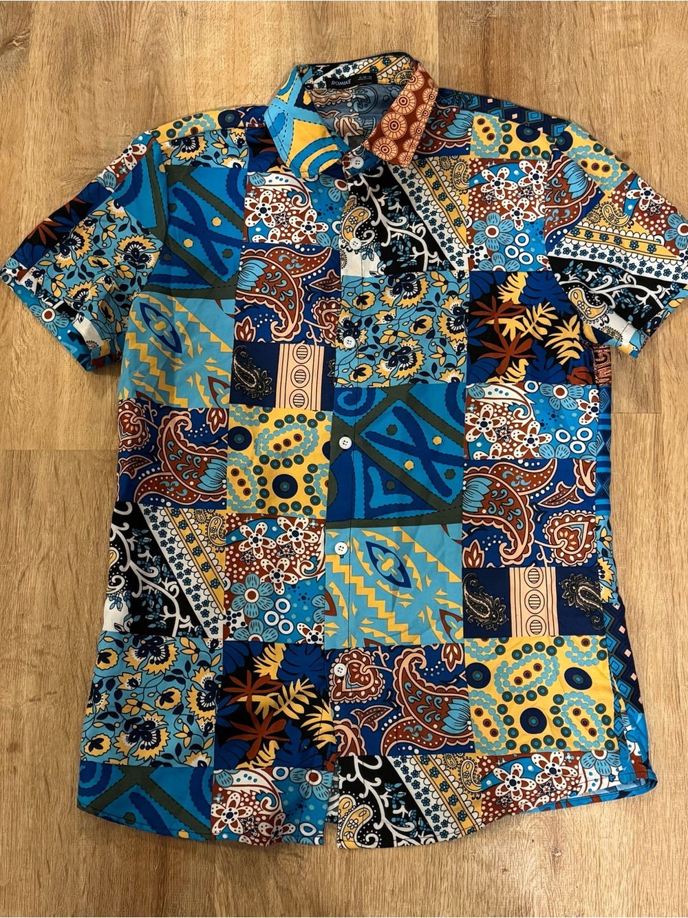 ROMWE Men’s Small Patchwork Button Up Shirt Short Sleeve Boho Eclectic Grandpa